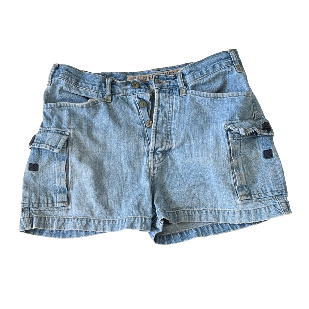 Vintage Bum Equipment Jean Cargo Shorts Button Fly Mid Rise Denim Size 9/10